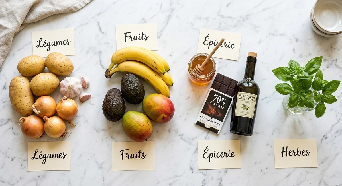 Infographie illustrant les aliments &agrave; conserver hors du r&eacute;frig&eacute;rateur et leurs conditions de stockage id&eacute;ales