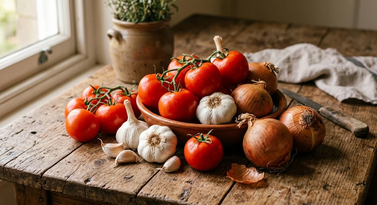 Tomates rouges, t&ecirc;tes d'ail et oignons pos&eacute;s sur un plan de travail en bois hors du r&eacute;frig&eacute;rateur