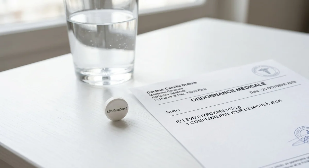 Comprim&eacute; de l&eacute;vothyroxine pos&eacute; sur une ordonnance m&eacute;dicale, traitement substitutif de la maladie d'Hashimoto