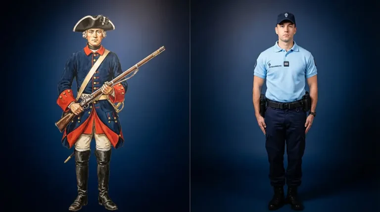 Comparaison entre l'uniforme historique de la maréchaussée 1720 et le polo technique du gendarme moderne