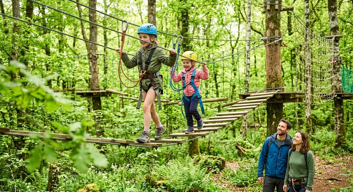 enfants sur un parcours accrobranche en for&ecirc;t bretonne au printemps