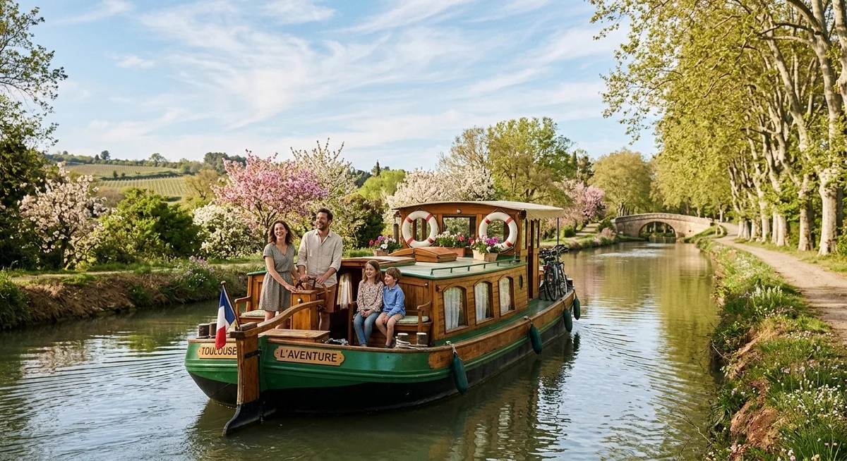 p&eacute;niche familiale sur le canal du Midi au printemps avec arbres en fleurs