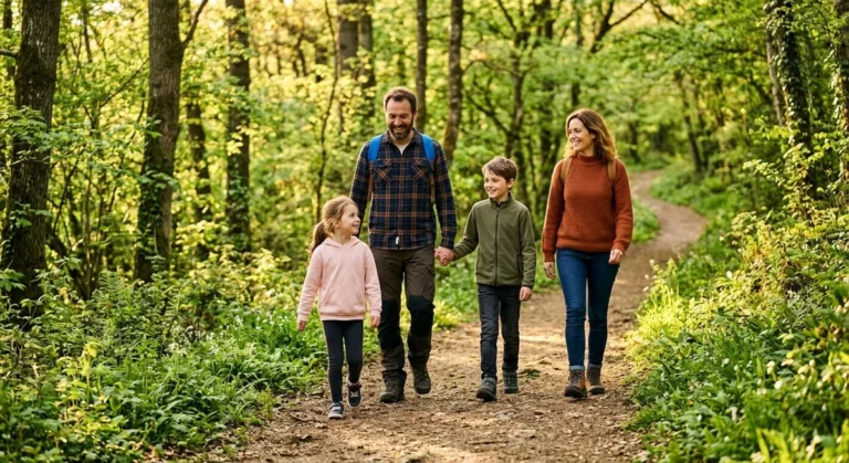 famille en balade nature au printemps dans une forêt verdoyante