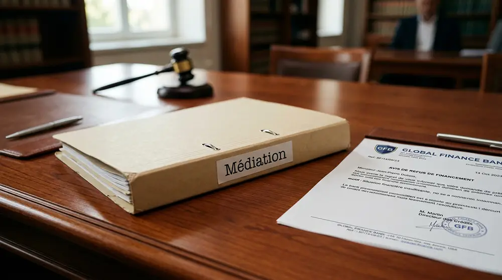Document de saisine du médiateur bancaire posé sur un bureau avec une lettre de refus de la banque