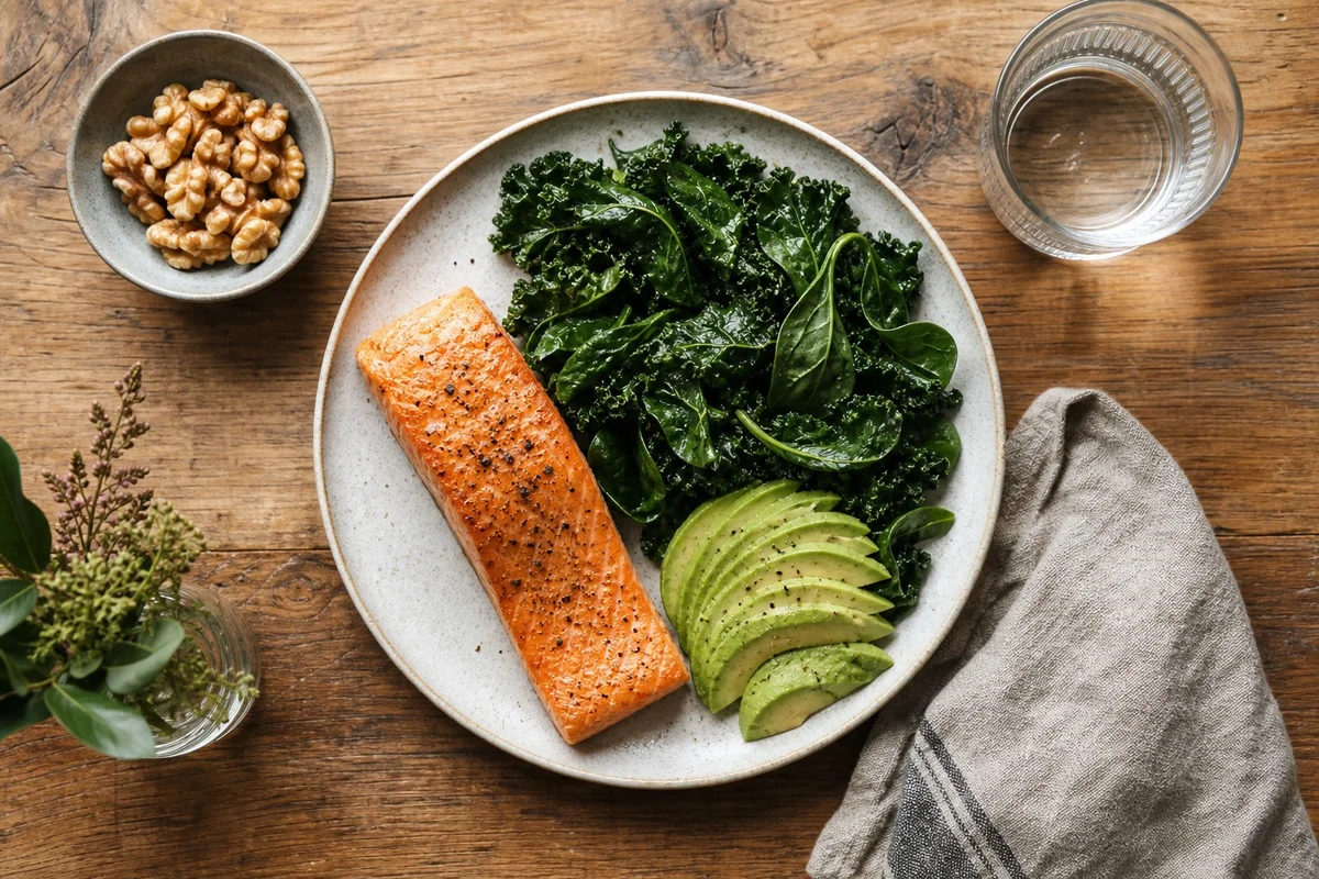 Assiette d'aliments anti-stress riches en oméga-3 et magnésium pour réguler le cortisol : saumon, noix, légumes verts