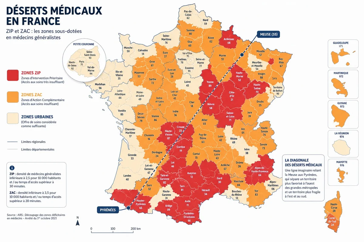 Carte de France illustrant les zones de désert médical ZIP et ZAC en 2026