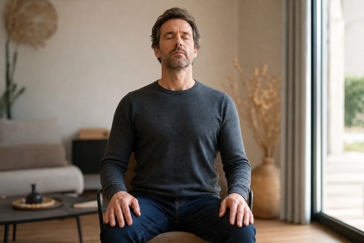 Homme pratiquant la cohérence cardiaque assis, respiration abdominale pour réduire le cortisol élevé