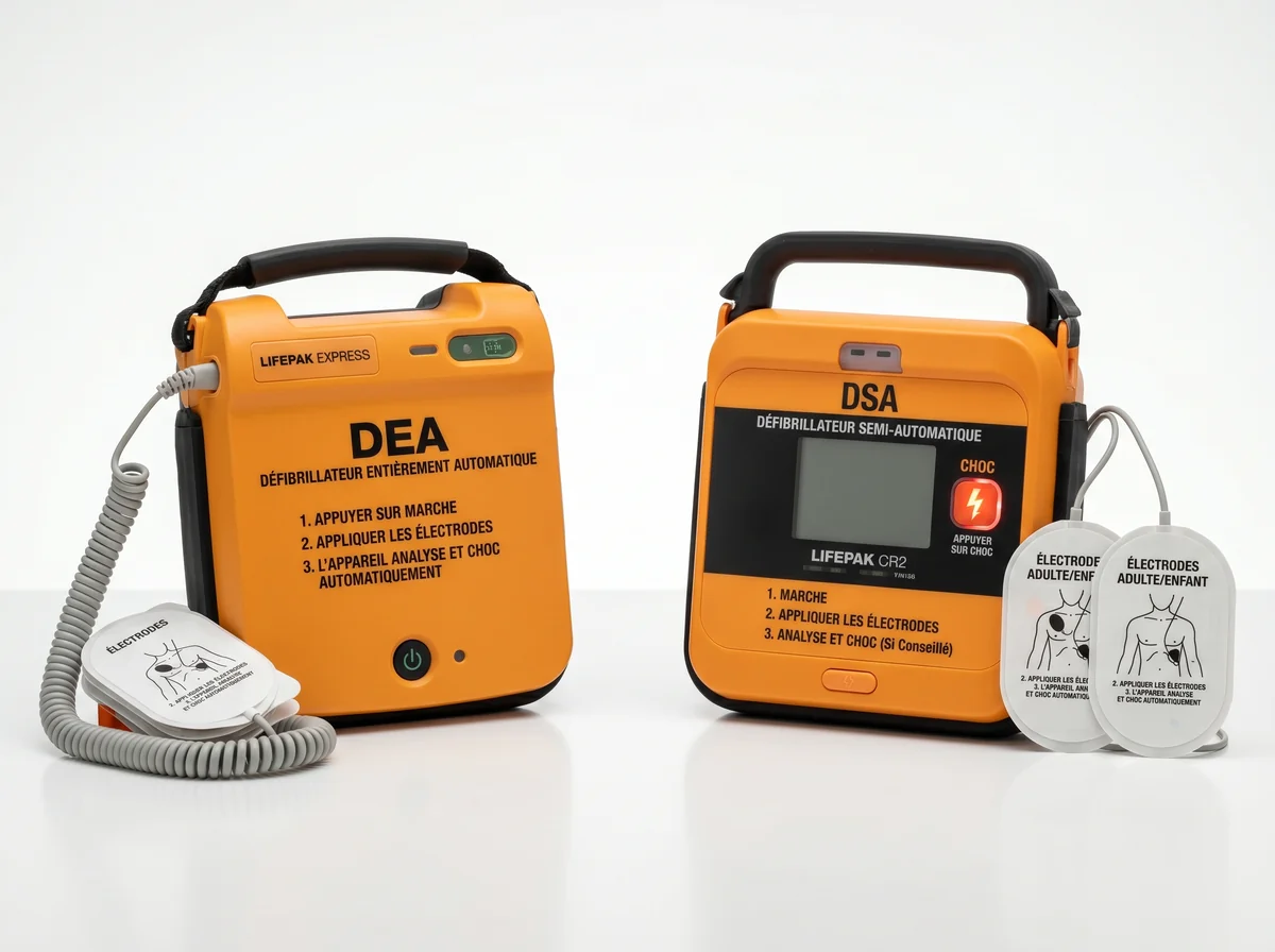 Photographie comparative de deux défibrillateurs : DEA automatique à gauche et DSA semi-automatique avec bouton choc à droite