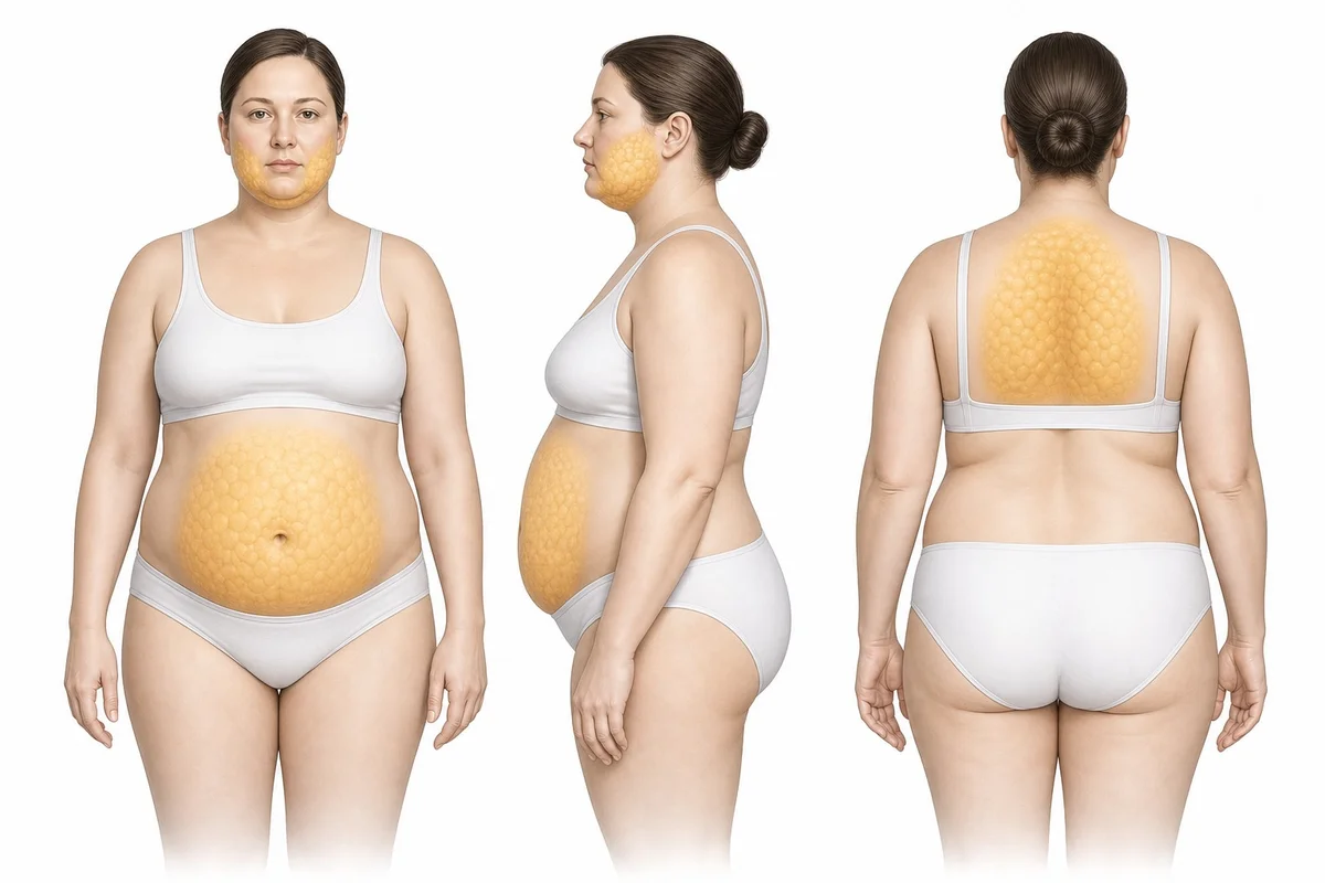 Illustration médicale des zones de stockage des graisses liées au cortisol élevé, notamment l'abdomen