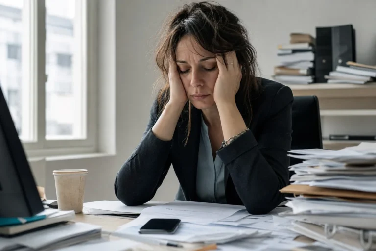 Femme épuisée la tête dans les mains devant son ordinateur, illustration du stress chronique et du cortisol élevé