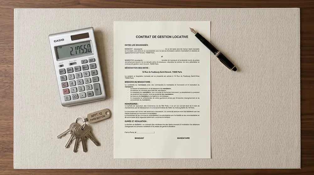 Contrat de mandat de gestion locative et clés illustrant les coûts d'un projet d'investissement locatif