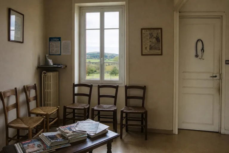 Salle d'attente vide dans un cabinet médical de zone rurale française en 2026