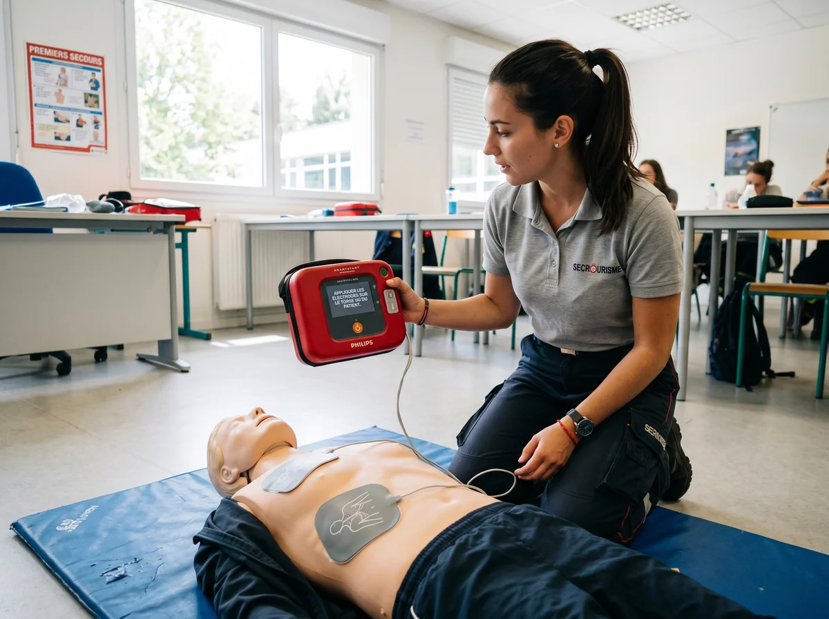 Personne en formation utilisant un défibrillateur DEA sur mannequin avec électrodes appliquées et instructions vocales en français