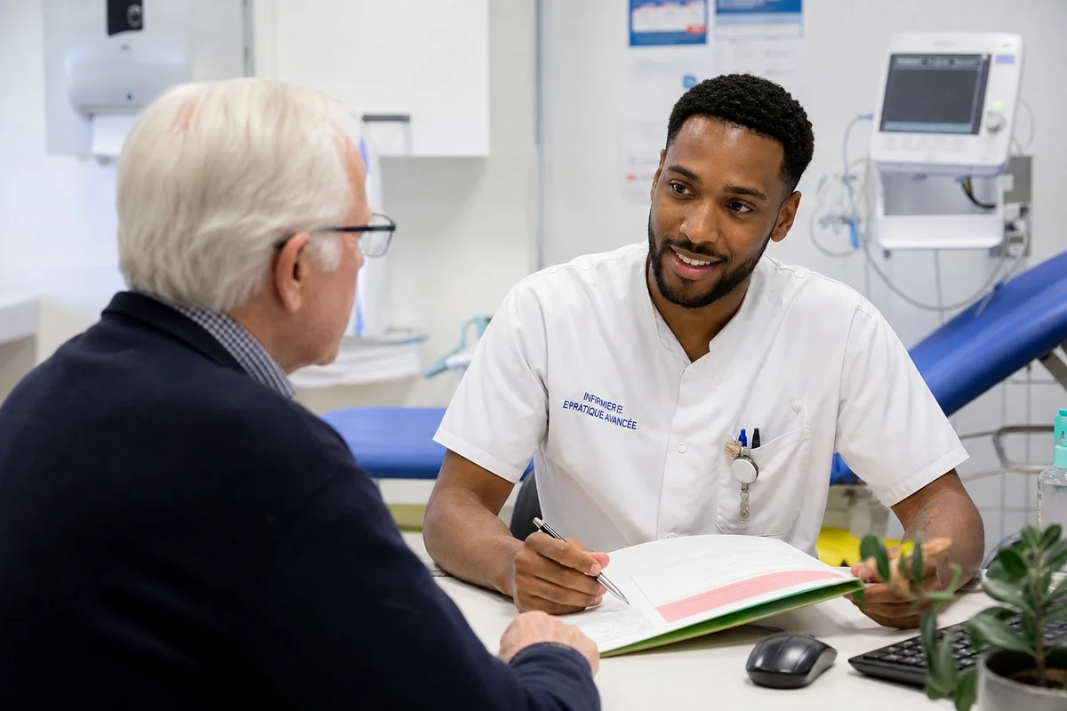 Infirmier en pratique avancée (IPA) en consultation avec un patient âgé dans un centre de santé français