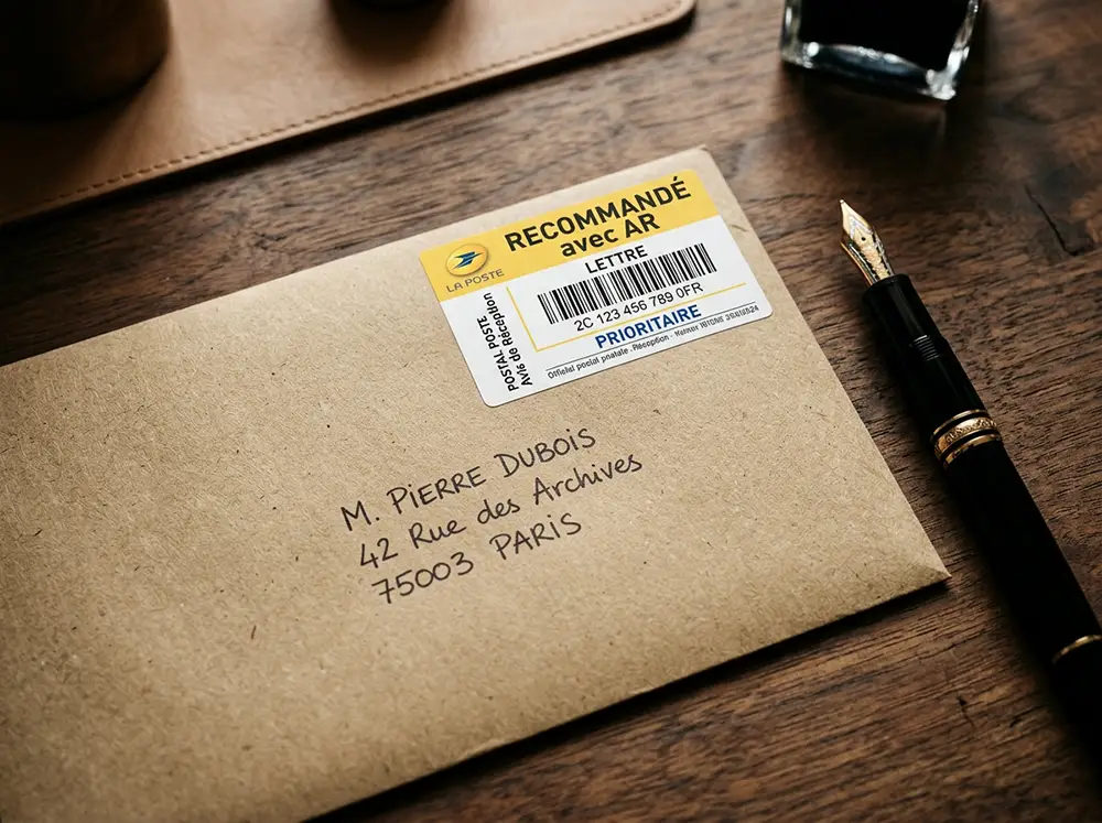 Enveloppe kraft avec étiquette recommandée avec accusé de réception posée sur un bureau