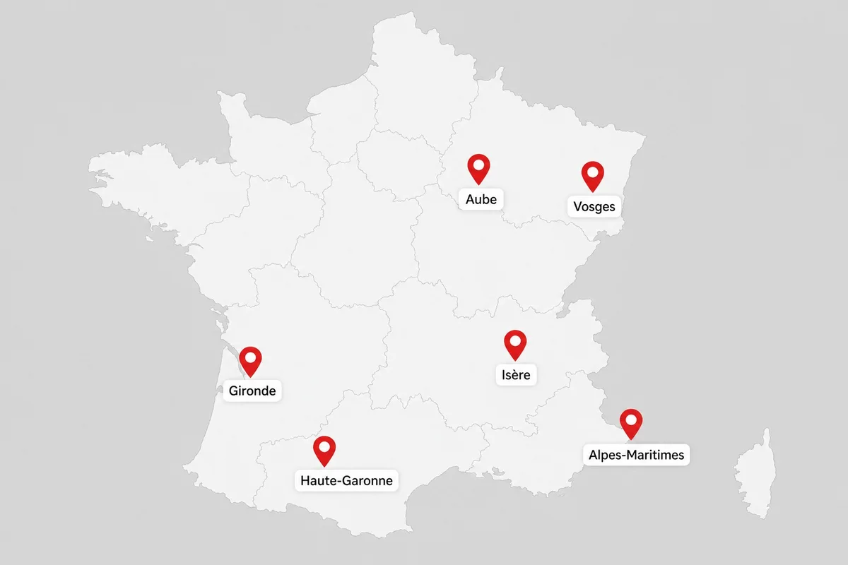 Carte de France avec points rouges indiquant les 6 villes confirmées de transformation Gifi en Grand Frais