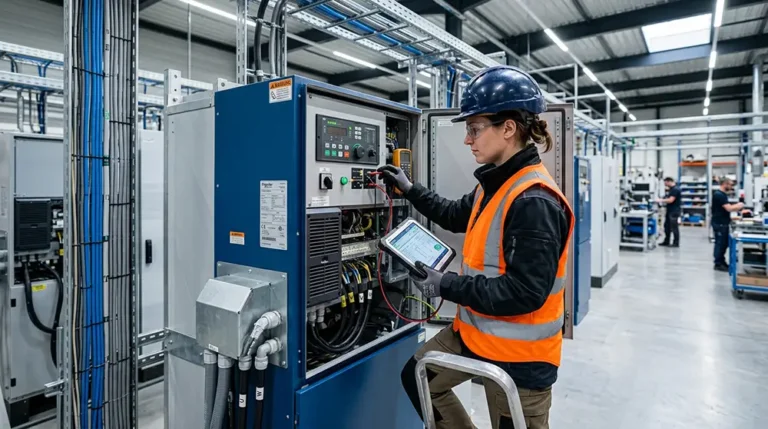 Technicien qualifié effectuant une inspection de maintenance préventive sur un onduleur industriel avec outils de diagnostic dans une installation moderne