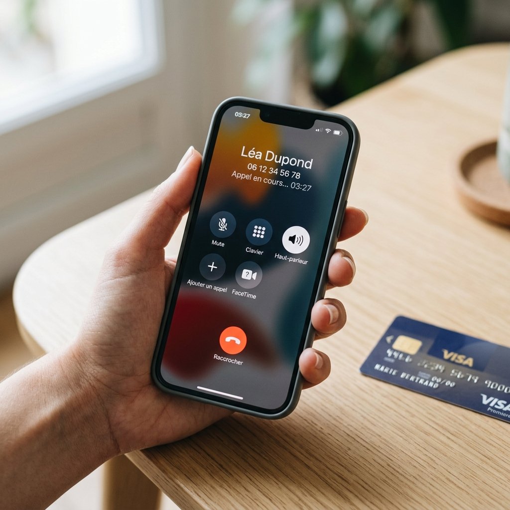 Main tenant un smartphone pour appeler le service d'opposition carte bancaire