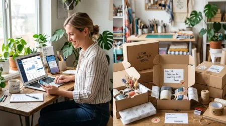 Entrepreneur indépendant gérant sa boutique en ligne avec ordinateur portable et colis prêts à expédier, illustrant comment les petites entreprises rivalisent avec les grandes marques dans le e-commerce moderne