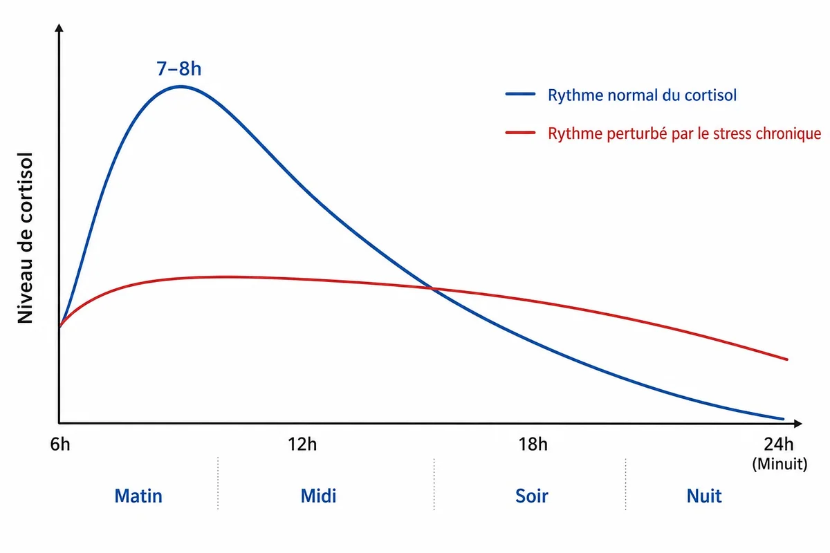 Graphique illustrant la variation naturelle du taux de cortisol sur 24 heures, pic le matin et baisse le soir