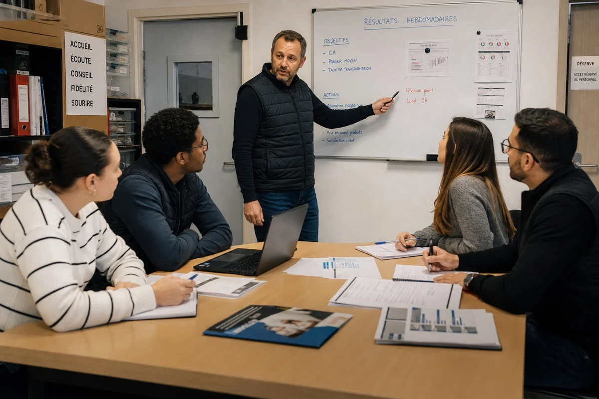 Salariés en réunion d'information dans un contexte de transformation d'enseigne commerce France
