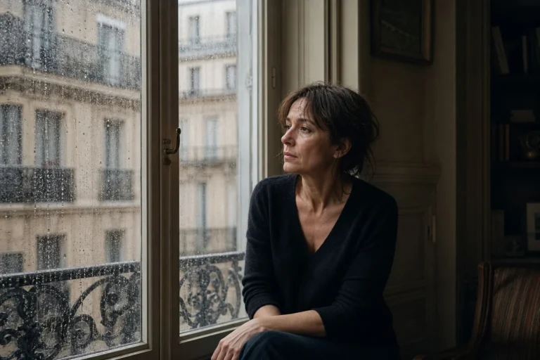 Femme seule regardant par une fenêtre pluvieuse, symbole du sentiment de solitude qui accélère le vieillissement