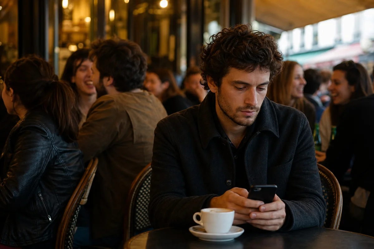Jeune adulte seul dans un café parisien entouré de personnes mais regardant son téléphone, illustrant la solitude moderne