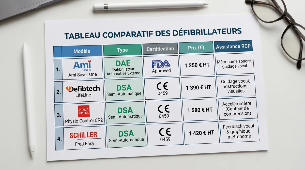 Infographie comparative des principaux modèles de défibrillateurs avec prix, certifications FDA et CE, et assistance RCP