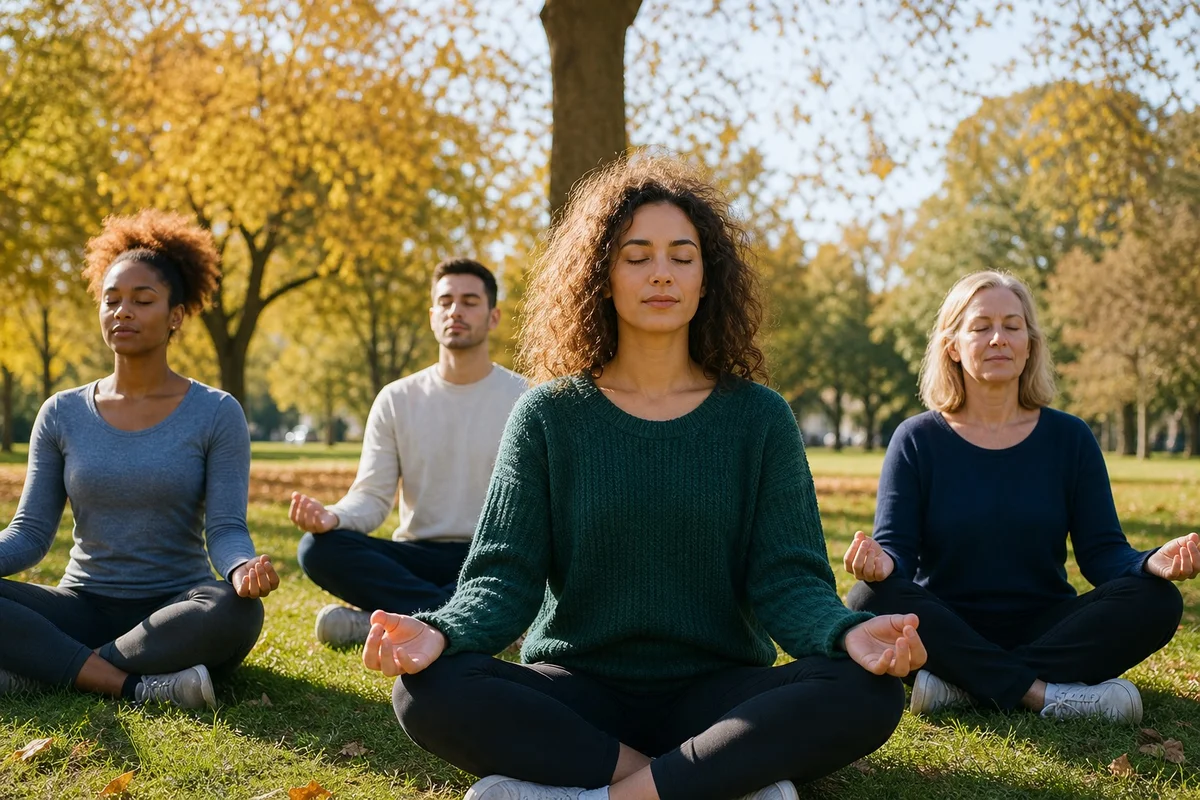 Groupe de personnes pratiquant la méditation en plein air dans un parc français, technique pour réduire la solitude chronique