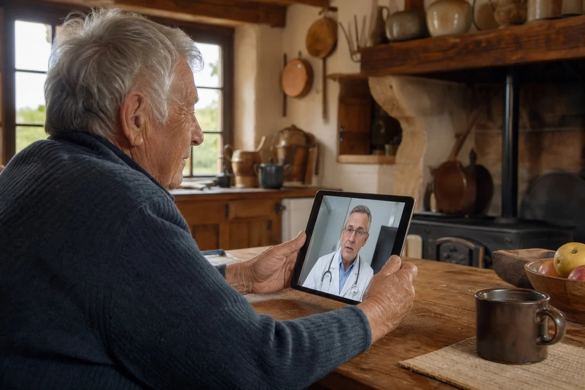 Patient en zone rurale française réalisant une téléconsultation sur tablette avec un médecin