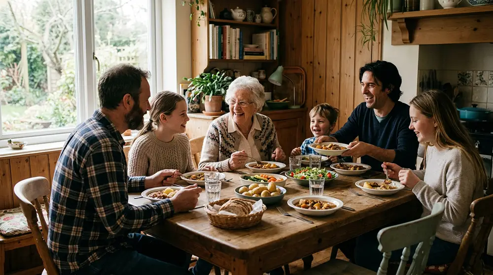 Personne âgée partageant un repas chez un accueillant familial