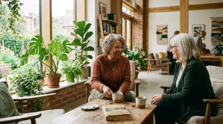 Deux seniors discutant dans un habitat partagé, alternative à la maison de retraite
