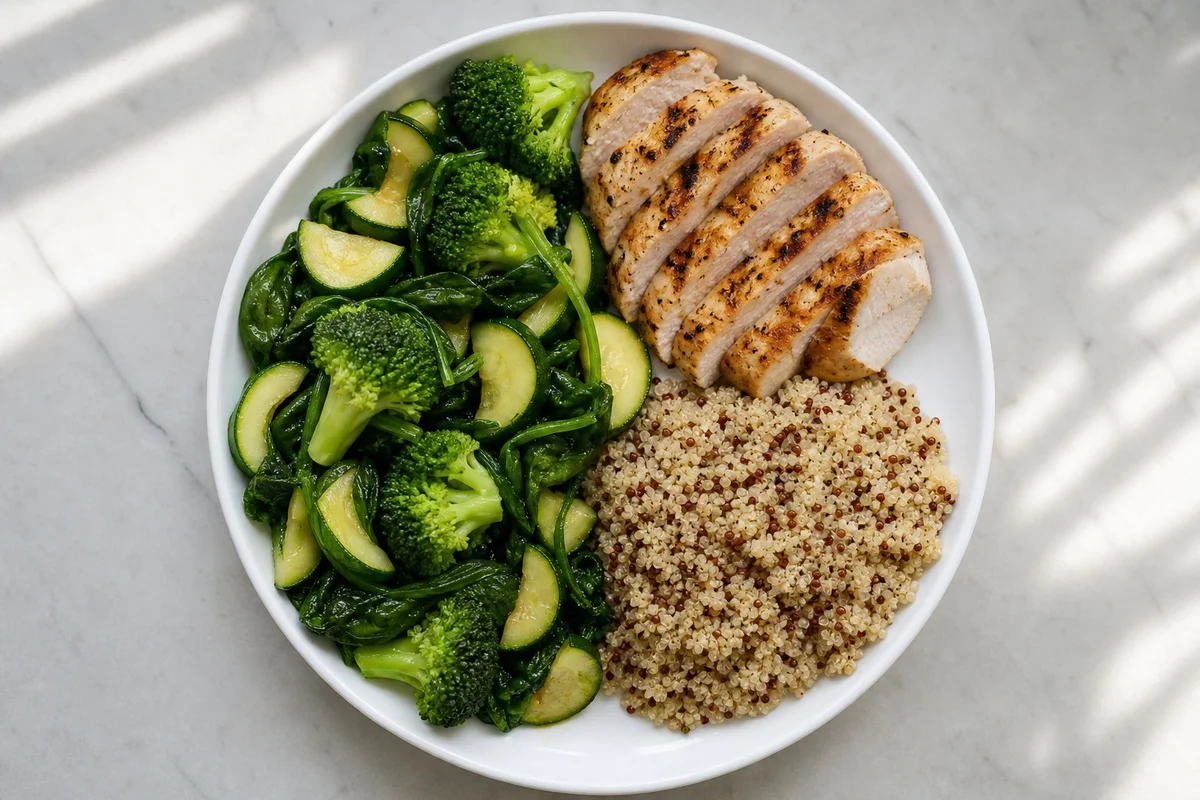 Assiette minceur équilibrée avec protéines maigres et légumes Assiette minceur divisée en trois zones : légumes verts, filet de poulet grillé et quinoa, vue de dessus