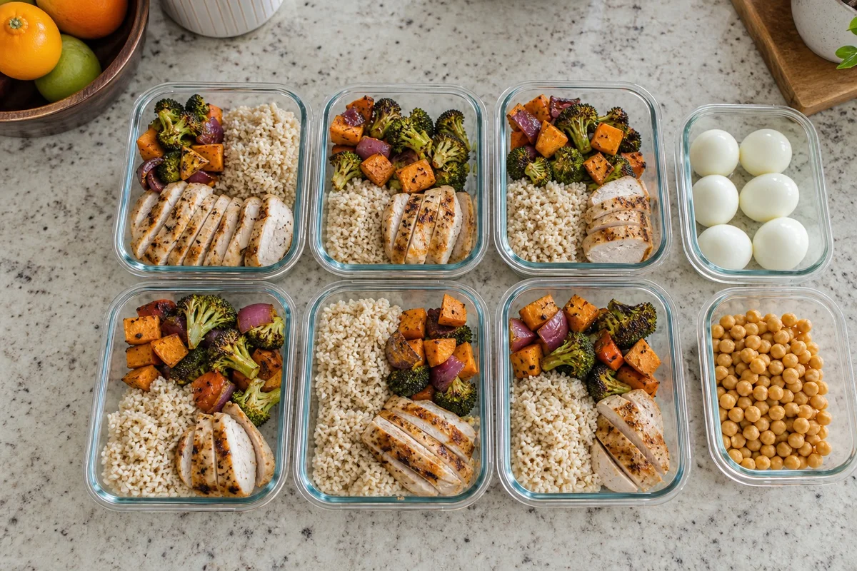 Préparation batch cooking minceur pour la semaine Plan de travail avec contenants en verre remplis de légumes cuits, protéines et céréales complètes préparés pour la semaine