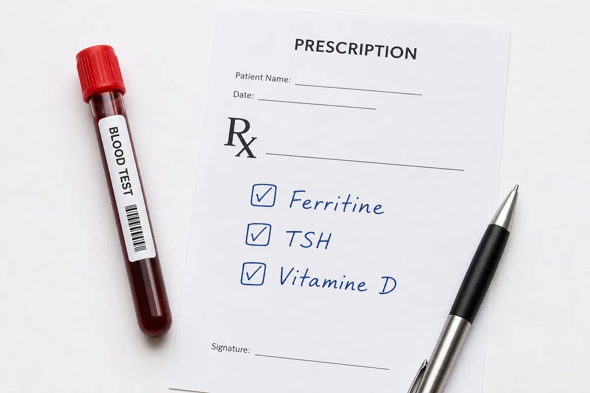 Tube de prise de sang et feuille d'analyses médicales pour diagnostiquer une chute de cheveux chez la femme