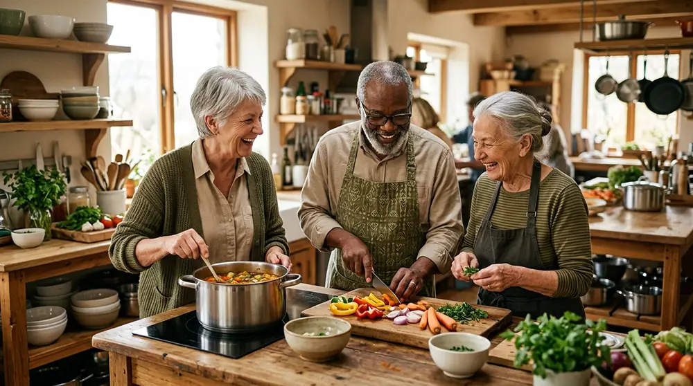 Seniors cuisinant ensemble dans un habitat partagé intergénérationnel
