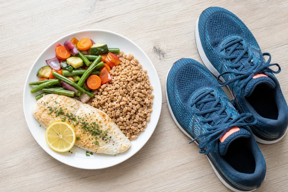Assiette équilibrée pauvre en sel et chaussures de sport illustrant les règles hygiéno-diététiques contre l'hypertension