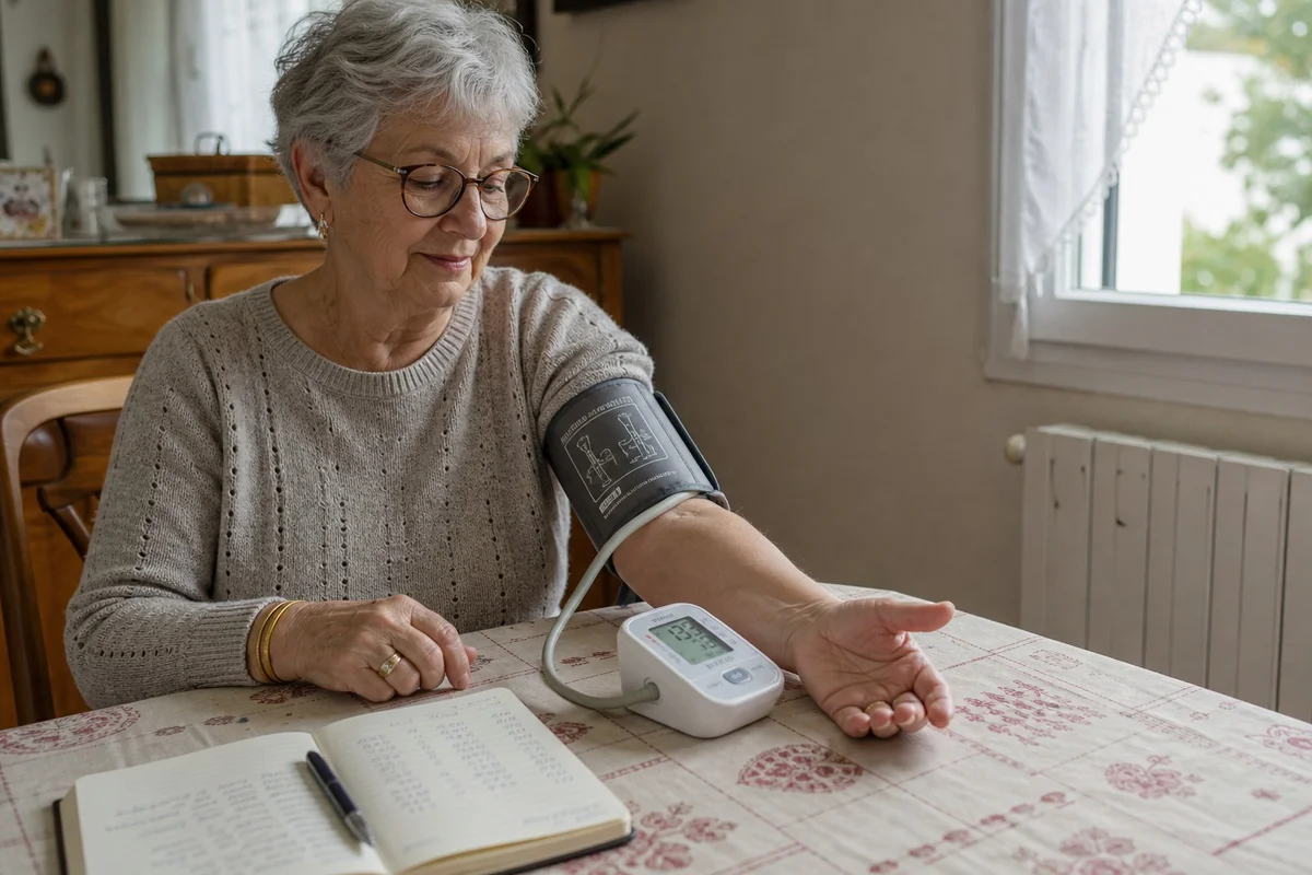 Patient utilisant un tensiomètre électronique à domicile pour l'automesure tensionnelle