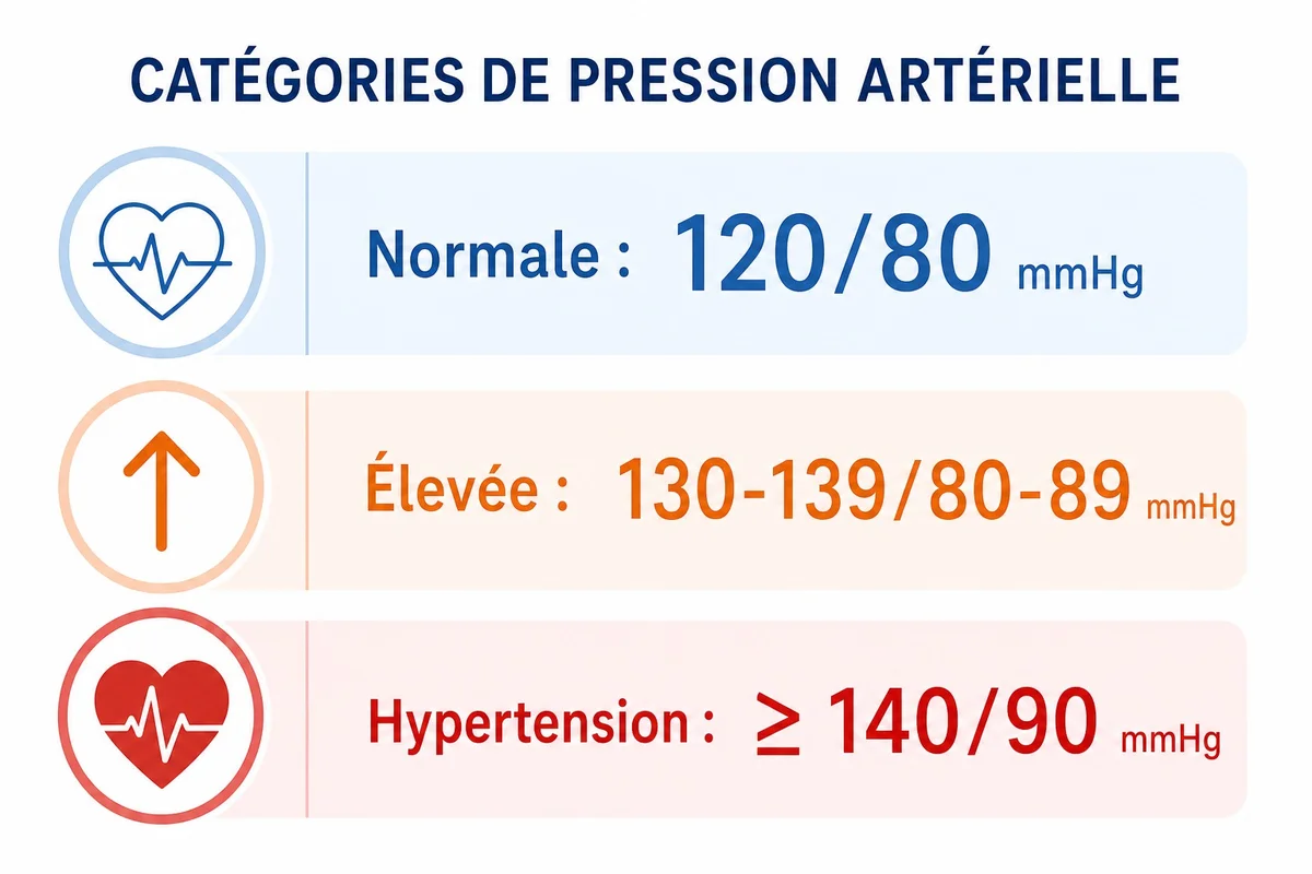 Infographie des valeurs normales et pathologiques de la pression artérielle en mmHg