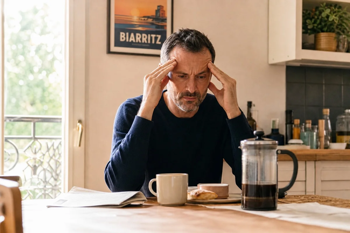 Homme d'âge mûr tenant sa tête avec une légère douleur, illustration des maux de tête liés à l'hypertension