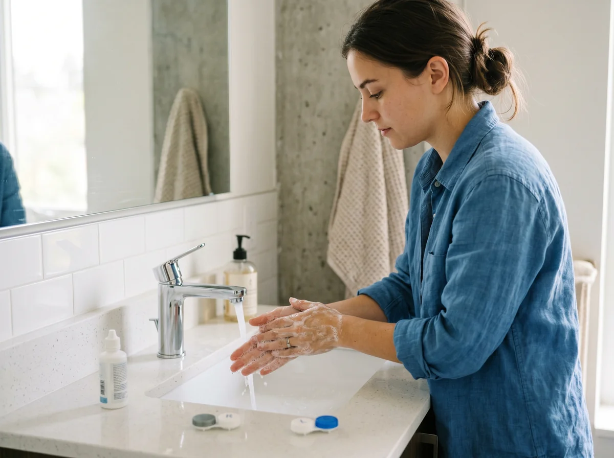 Femme lavant ses mains avant de manipuler ses lentilles de contact