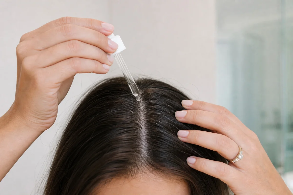 Femme appliquant une solution de minoxidil sur son cuir chevelu pour traiter l'alopécie androgénétique