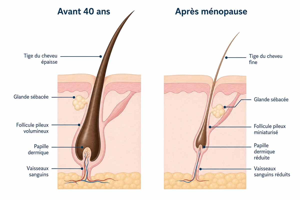 Schéma illustrant la miniaturisation des follicules pileux lors de la baisse des œstrogènes à la ménopause