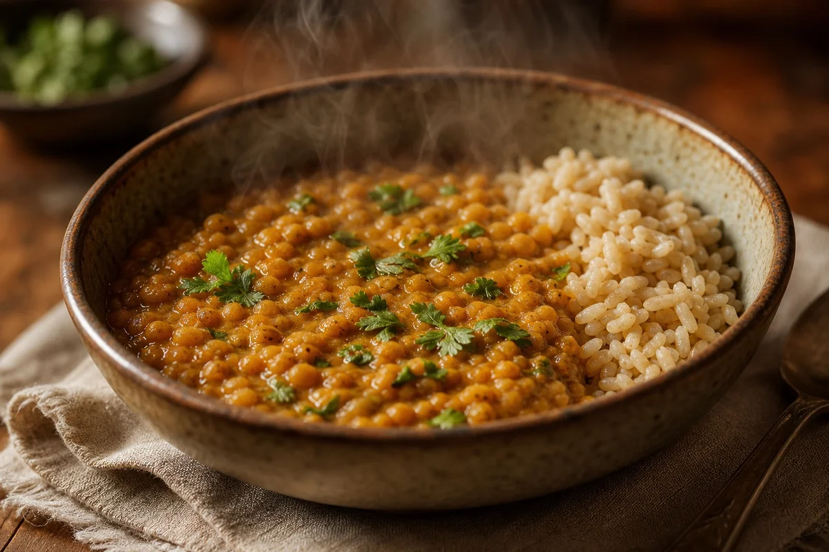Repas minceur lentilles corail mijotées aux épices Bol de lentilles corail mijotées avec épices curcuma et coriandre, accompagnées de riz brun complet