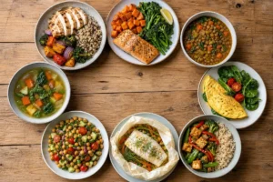 Huit assiettes minceur équilibrées disposées en cercle sur une table en bois, légumes colorés, protéines maigres et céréales complètes