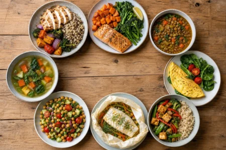 Huit assiettes minceur équilibrées disposées en cercle sur une table en bois, légumes colorés, protéines maigres et céréales complètes