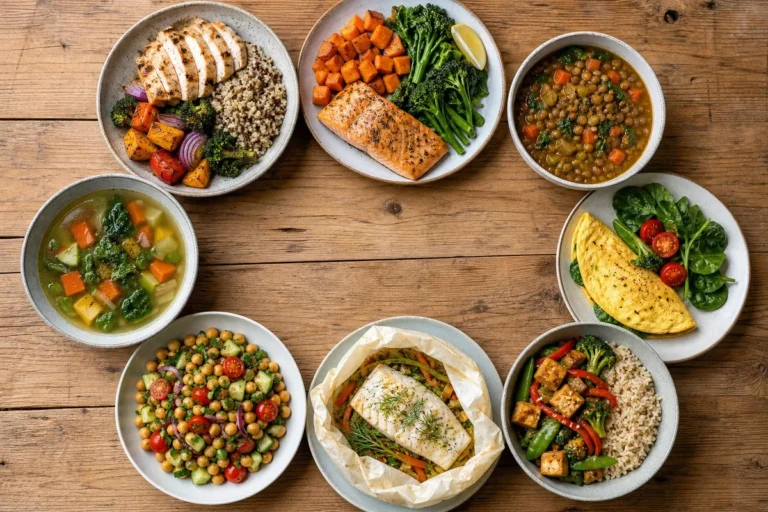 8 repas minceur à cuisiner en rotation sans jamais ressentir la frustration Huit assiettes minceur équilibrées disposées en cercle sur une table en bois, légumes colorés, protéines maigres et céréales complètes