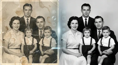 Comparaison avant-après restauration photo ancienne abîmée avec intelligence artificielle