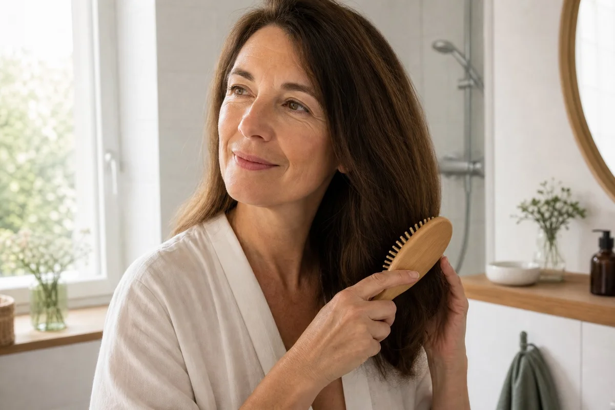 Femme de 50 ans se brossant les cheveux délicatement avec une brosse souple pour préserver la densité capillaire