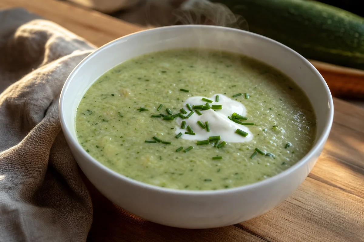 Soupe de légumes minceur pour le repas du soir Bol de velouté de courgettes maison, garni d'une cuillère de fromage blanc 0% et de ciboulette fraîche